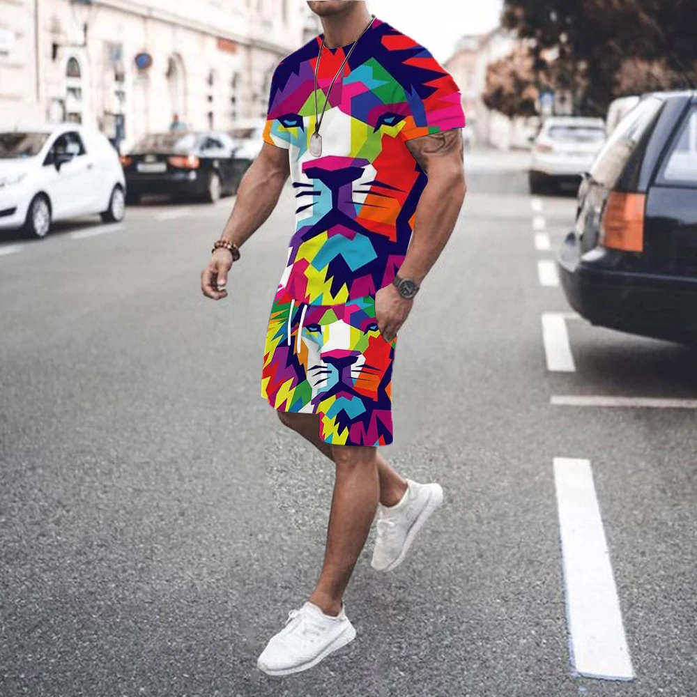 2025 Men's Fashion 3D Printed Sports Suit Round Neck T-shirt Shorts Two-piece Set Personalized Streetwear Summer New Product