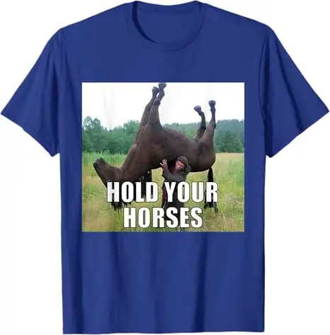 Hold Your Horses Funny Meme T-Shirt Humorous Sarcastic Saying Tee, A Man Holding A Horse Graphic Y2k Top Streetwear Unisex Tees