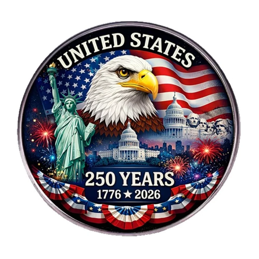250th Anniversary Commemorative Brooch in The United States 1776-2026 Statue of Liberty White Eagle Stainless Steel Flat Badge