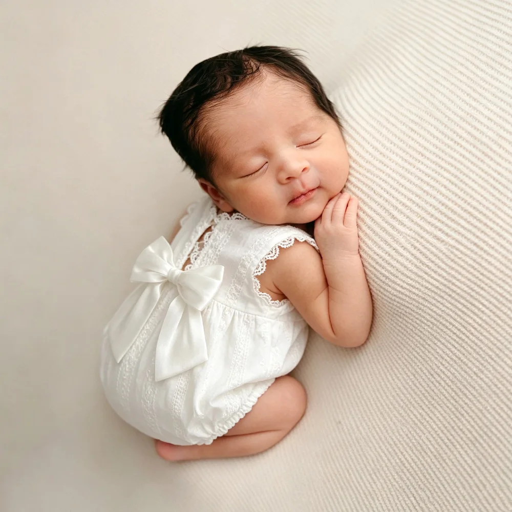 Newborn Photography Outfit Pure Cotton Lace Romper Elegant Big Bow Back Design Baby Girl White OnesiePhoto Shoot Costume
