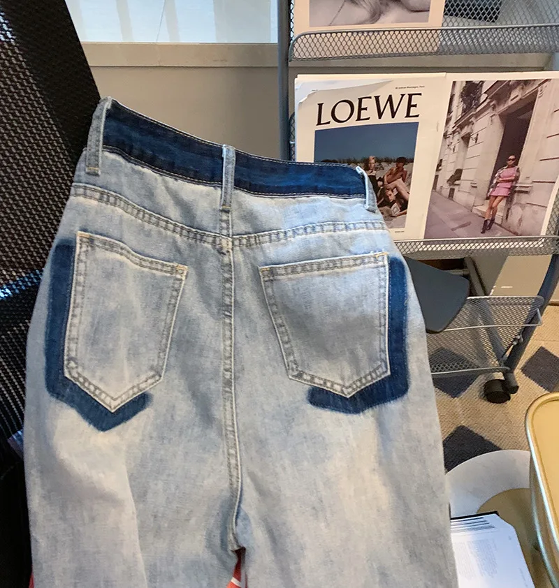 Kontrast weites Bein Jeans leicht gestreifte Frauen Frühling/Sommer kleiner Mann gewaschen alte hohe Taille weites Bein Hosen Damen bekleidung