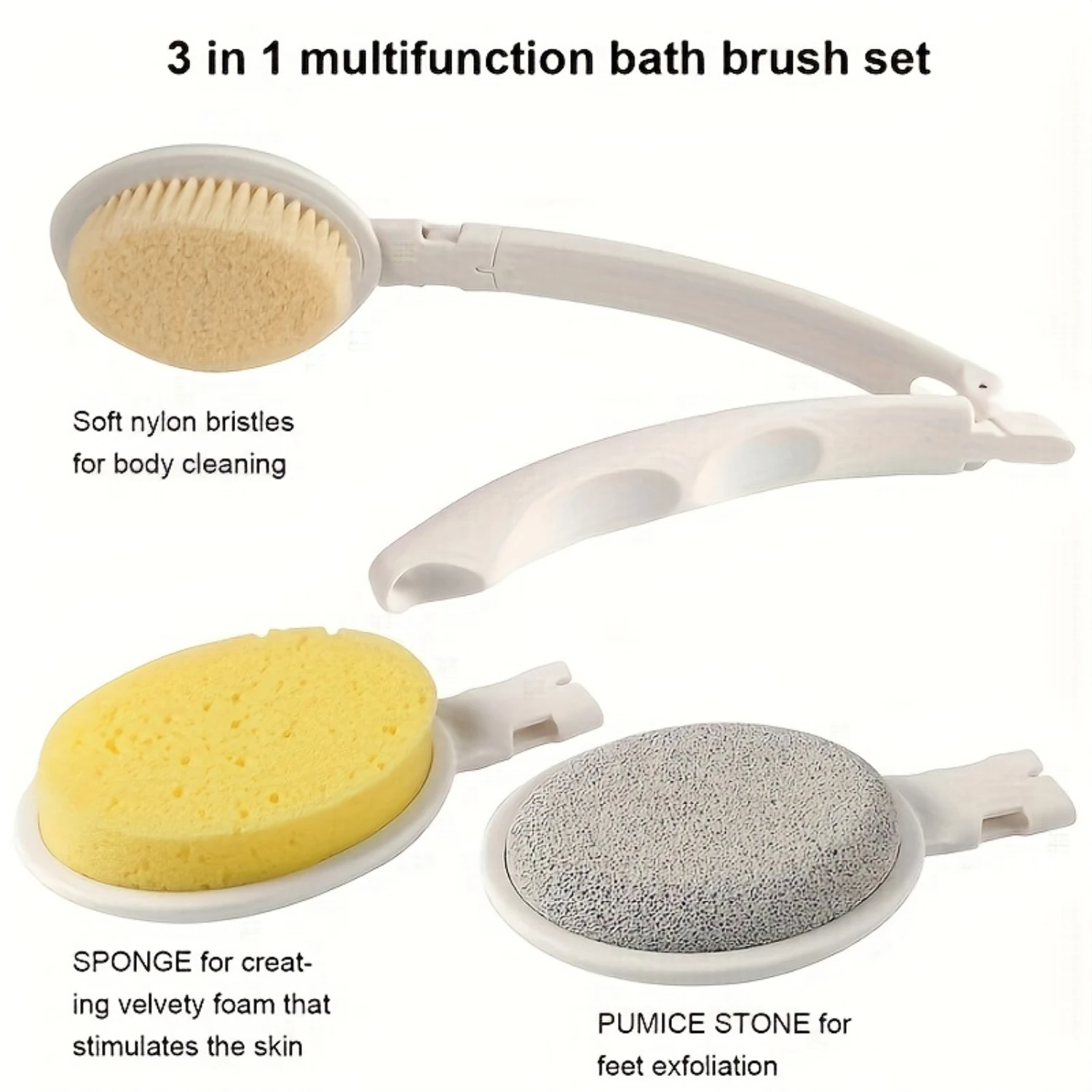 3 In 1 Back Bath Brush Set - Long Handle Body Brush, Bath Sponge & Pumice Stone for Gentle Exfoliation & Improved Skin Health - 