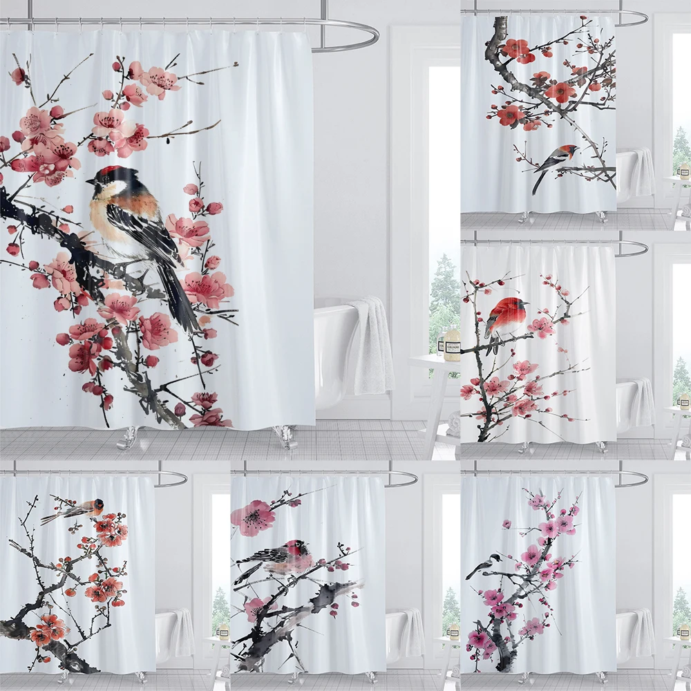 

Plum Blossom and Bird style Shower Curtain Printed Modern Nordic Flowers Polyster Home Decor Bathroom Curtain with Hooks