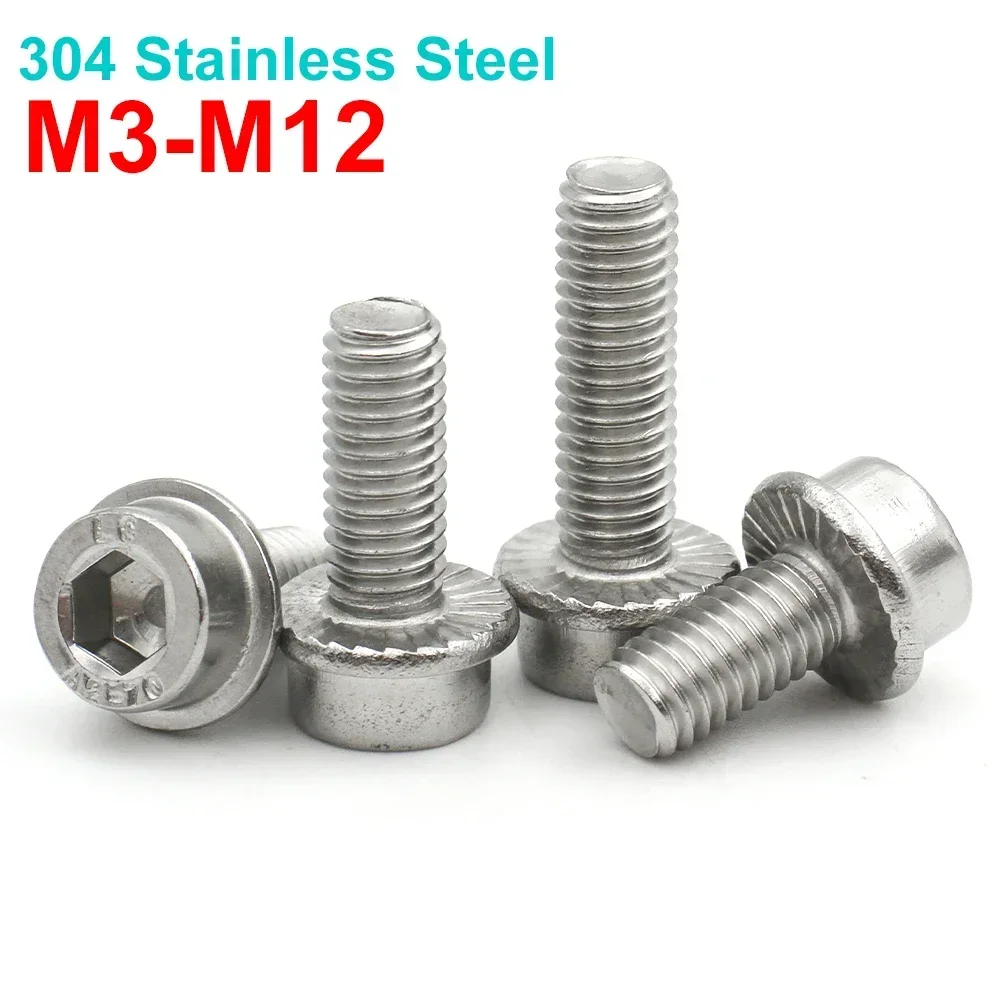 

M3 M4 M5 M6 M8 M10 M12 304 Stainless Steel A2-70 Hexagon Hex Socket Cap Head Serrated Flange Washer Screw Bolt 10/30pcs