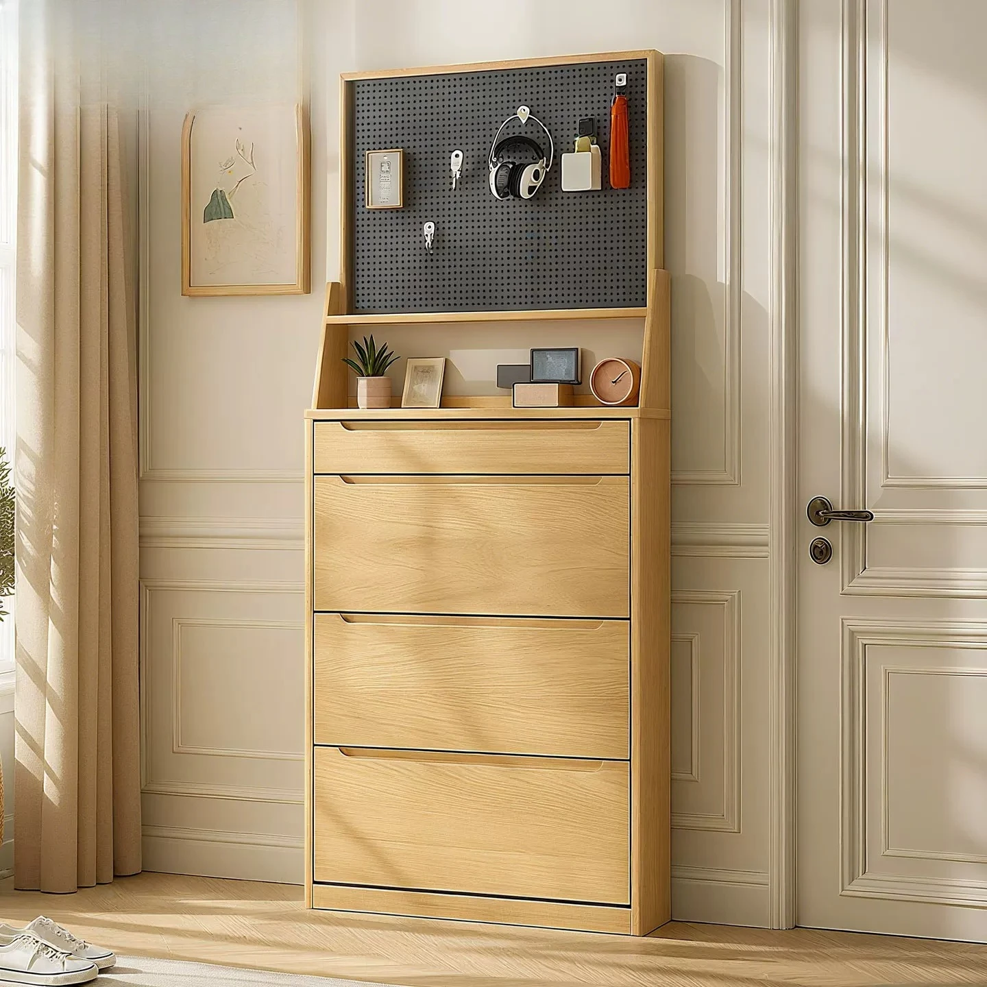 Pure solid wood oak log small apartment high vertical coat rack integrated tipping bucket ultra-thin narrow shoe cabinet