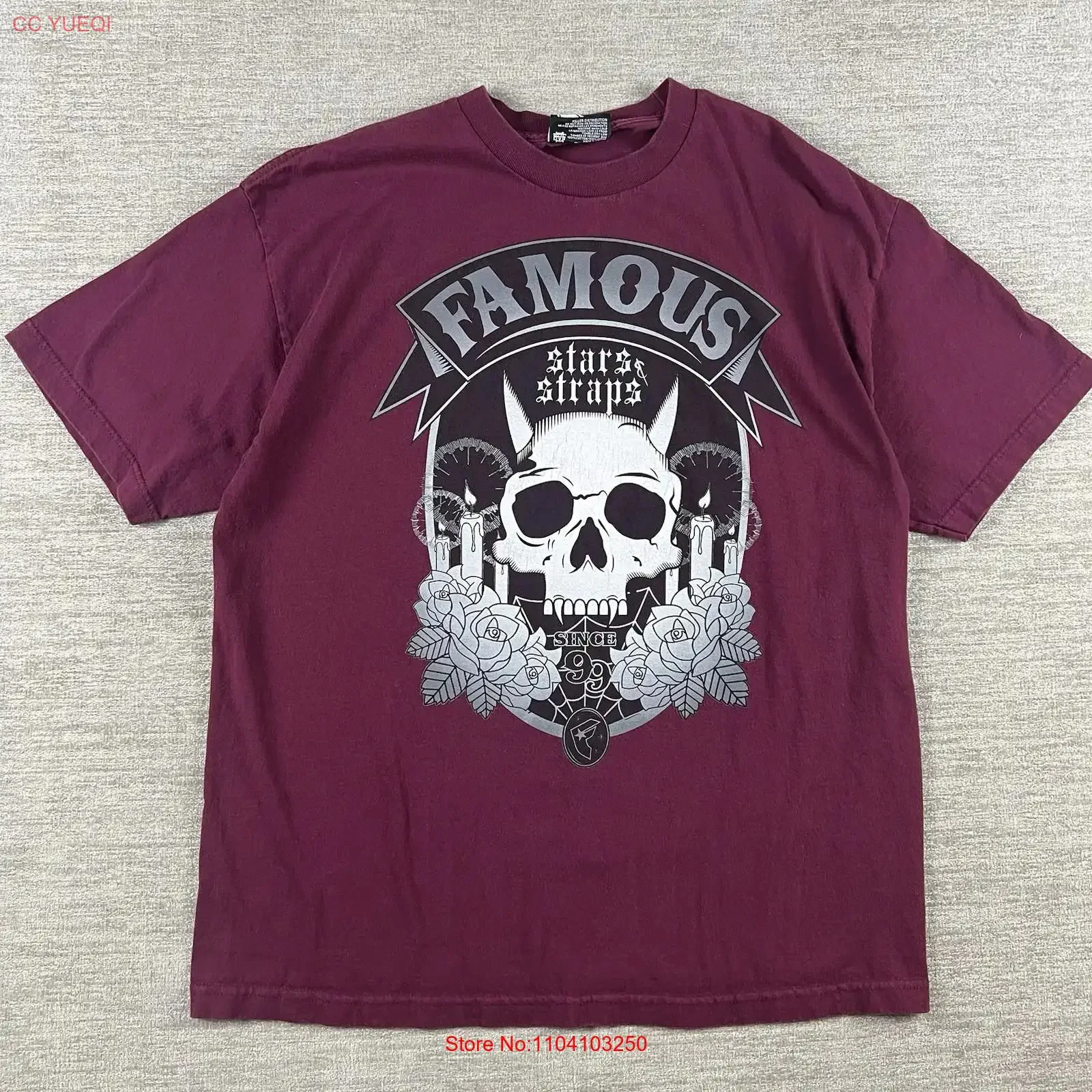 Vintage Famous Stars And Straps T Shirt Mens XL Burgundy Skull Y2K Cotton 2000's vintage Washed streetwear Versatile Unisex