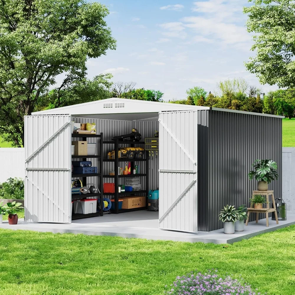 

10x10 Outdoor Storage Shed, Galvanized Steel Metal Tool Shed, Large Practical Shed with Lockable Doors and Ventilation Openings