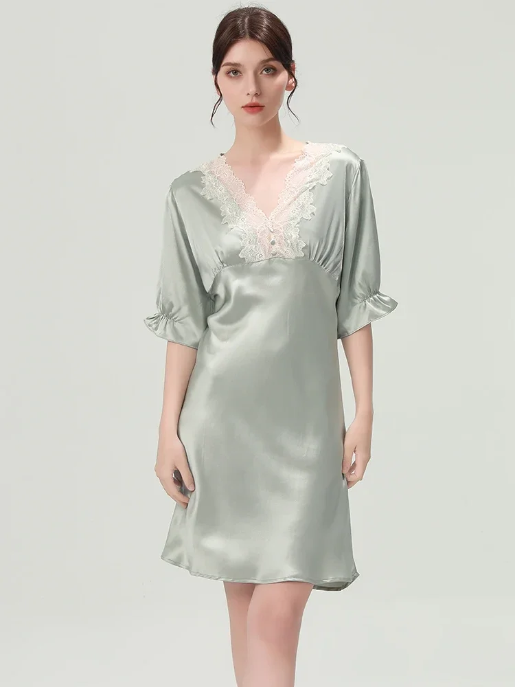 22MM 100% Mulberry Silk Women Nightgown Chemise Sexy Lace Summer Half-sleeved Night Dress V Neck Mini Pajama Dress Homewear PJS