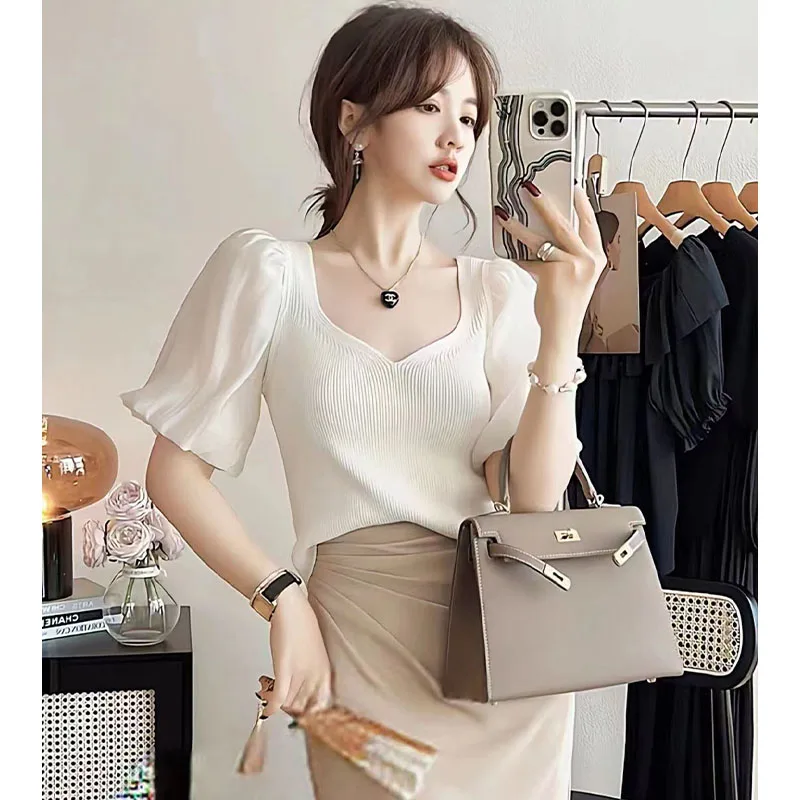 

Square Collar Bubble Sve Base irt T-irt Summer Luxury Elastic Casual Slimming Ice Silk Knitted Women's Faion Top