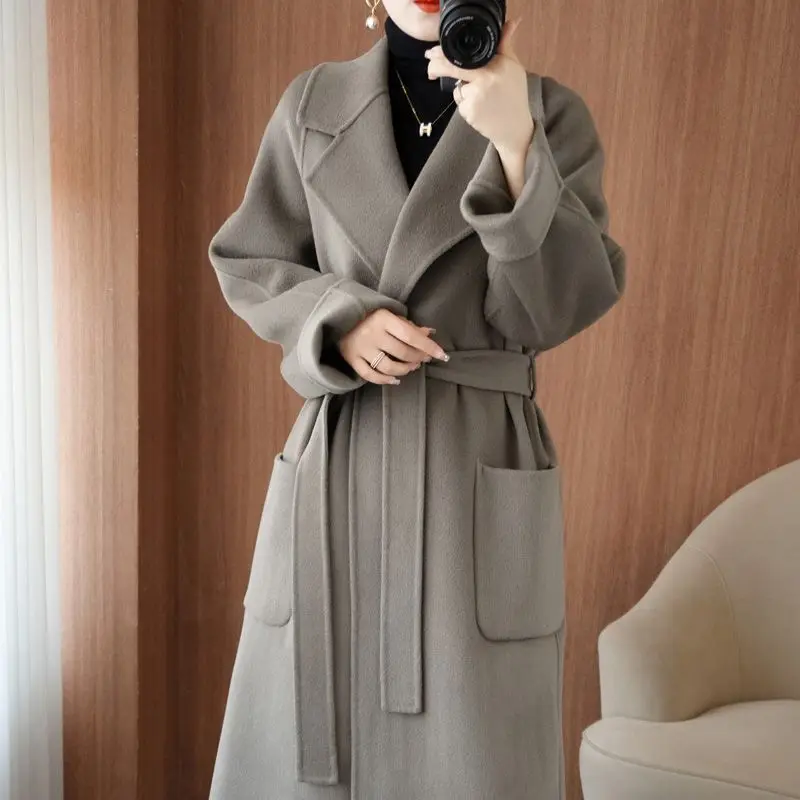 Solid Color Loose Jacket Woolen Coat  Belt Fashion Office Lady Pockets Long Sleeve Elegant for Women Overcoat V27