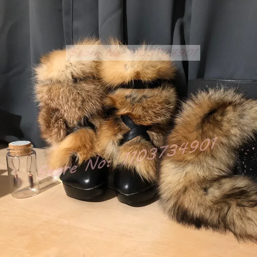 Real Fur Round Toe Belt Buckle Ankle Boots Women Sweet Fashion Platform Zipper High Heeled Shoes Lady Nifty Party Big Size Boots