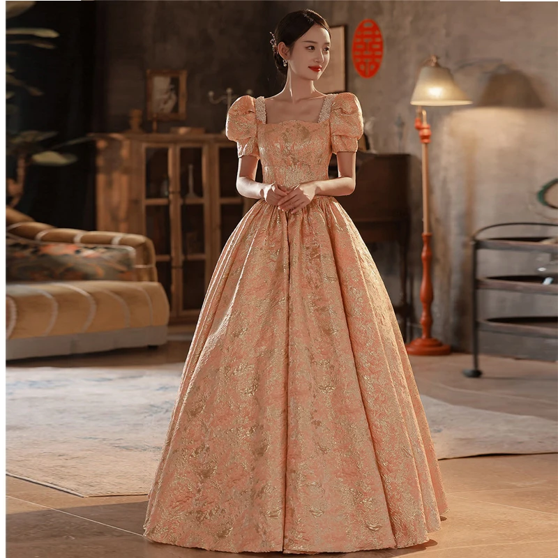 Elegant French Prom Ball Gown Women Square Collar Puff Sleeve Party Dress Formal Slim Banquet Temperament Evening Dresses