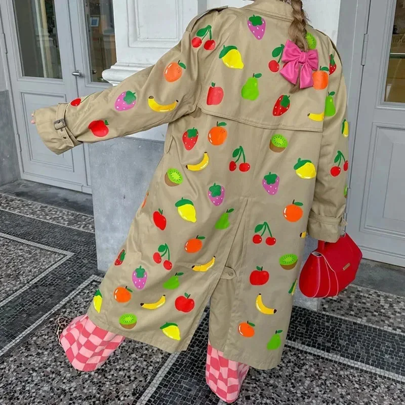 Fruit Print Coat Plant Flower Coat Korea Single Row Multi Button Checkered Long Sleeved Coat Khaki Lapel Loose Long Coat New