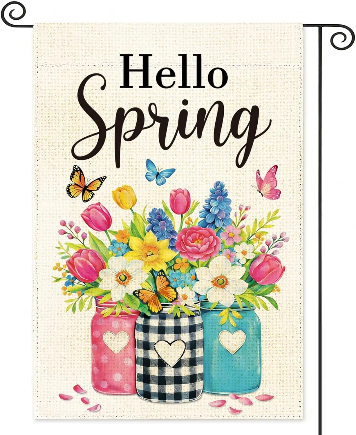 Hello Spring Garden Flag Spring Burlap Garden Flag Double Sided Mason Jar Flags for Outside Garden Flags for Porch Home Deco MMZ