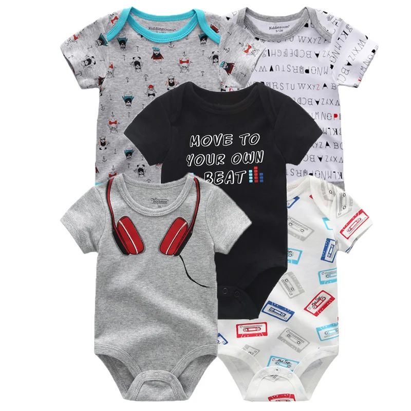 kiddiezoom 5Pcs Unisex Newborn Short Sleeve Triangle Bodysuits Striped Letter Print Soft Cotton Infant Onesie Daily Outfits