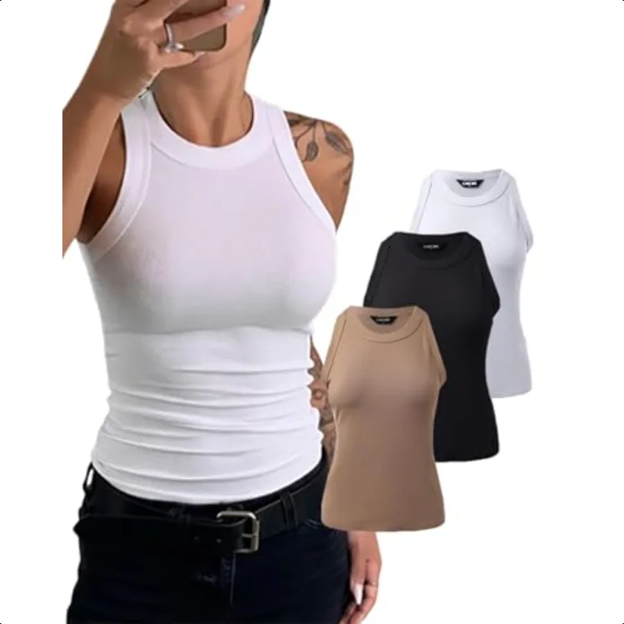 

CHICME 3 Piece Womens Tank Tops Sleevel Basic Cami Shirt Slim Knit Ribbed Racerback Blouses