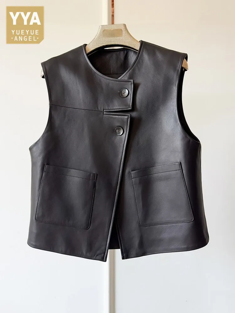 

New Fashion Women O Neck Single Breasted Sheepskin Genuine Leather Ladies Casual Waistcoat Outerwear Sleeveless Jacket Vest Tops