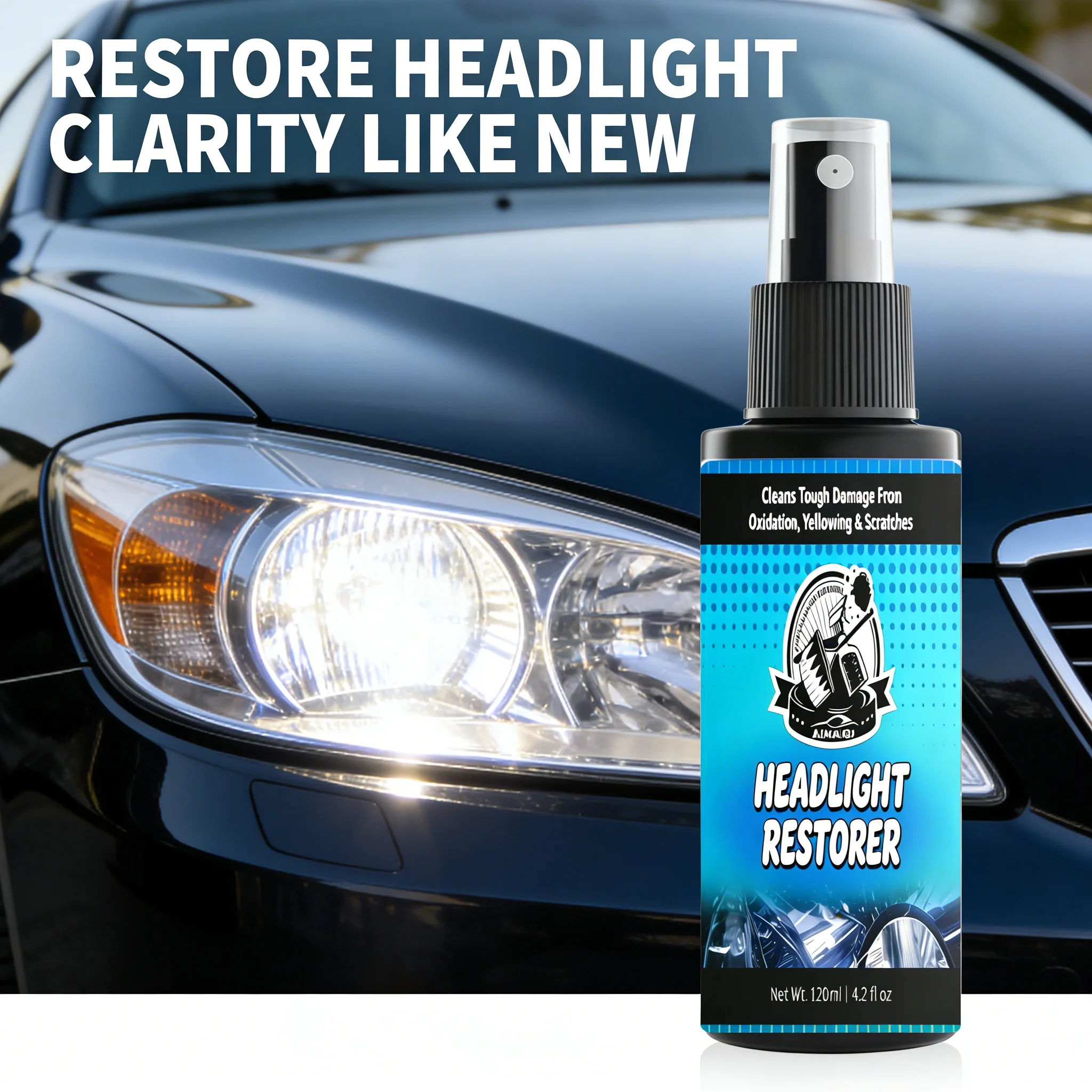 Automotive Headlight Polish Spray, Restore Foggy Hazy Car Headlights, Quick Brightening & Renovation Treatment