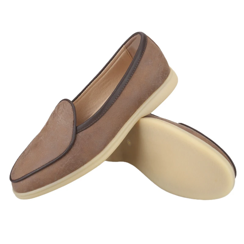 Piergitar Classic Model Popular Color Maillard Flannel Summer Walk Shoes Cream Colored Non-Slip Outsole Men Slip-On Loafers