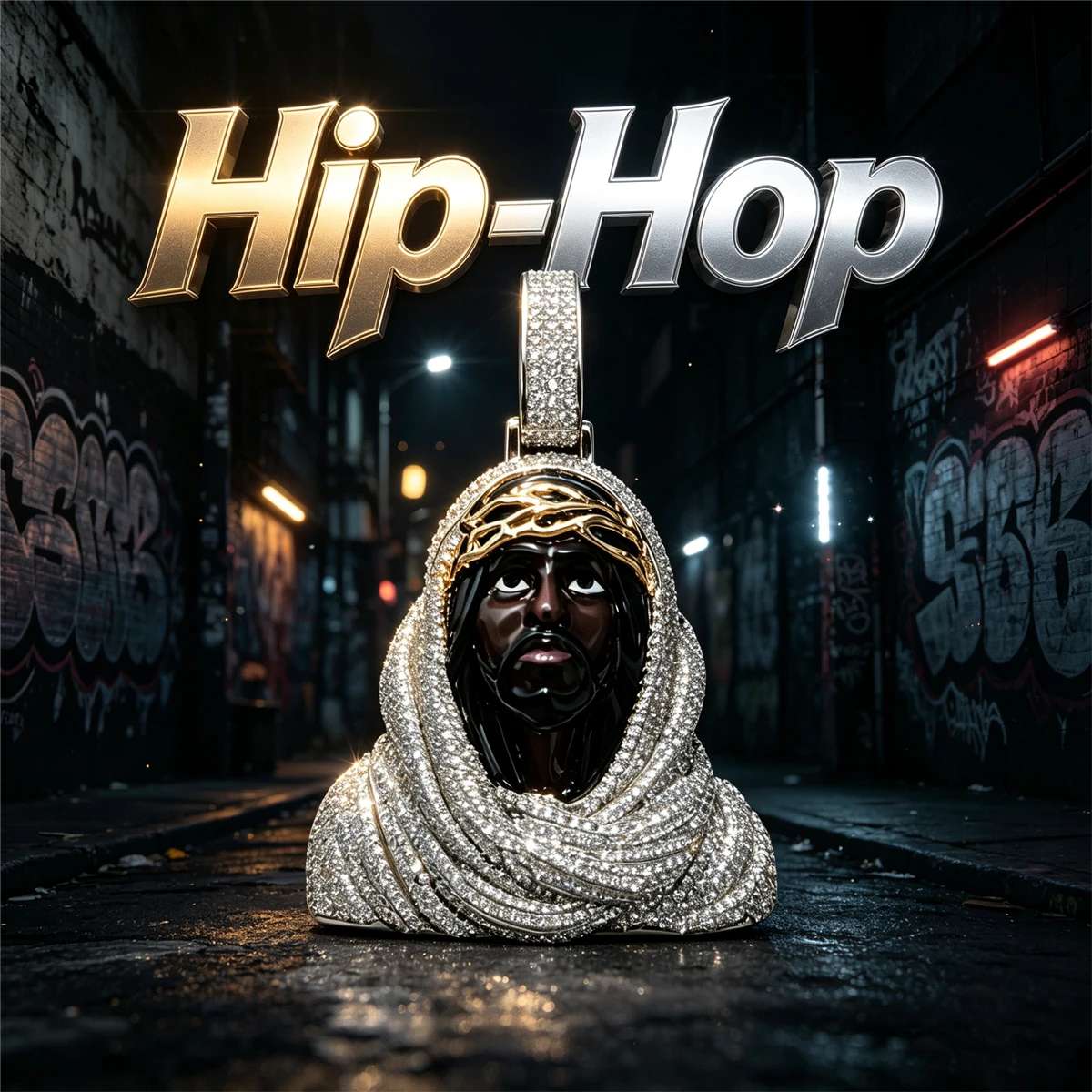 Iced Out Black Jesus Pendant 18K Gold Plated Cubic Zirconia Enamel Christ Charm Micro Paved Zircon Thorn Crown Necklace Hip Hop Religious Bling Jewelry Wrapped Robe Design Shiny Zircon Stones Street Rap Accessory Fine Jewelry Gifts for Men Boy Friends