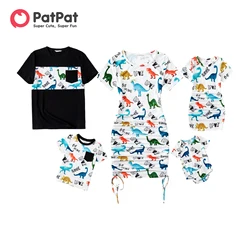 PatPat Family Matching Outfits Allover Dinosaur Print Drawstring Ruched Bodycon Dresses and Short-sleeve T-shirts Sets