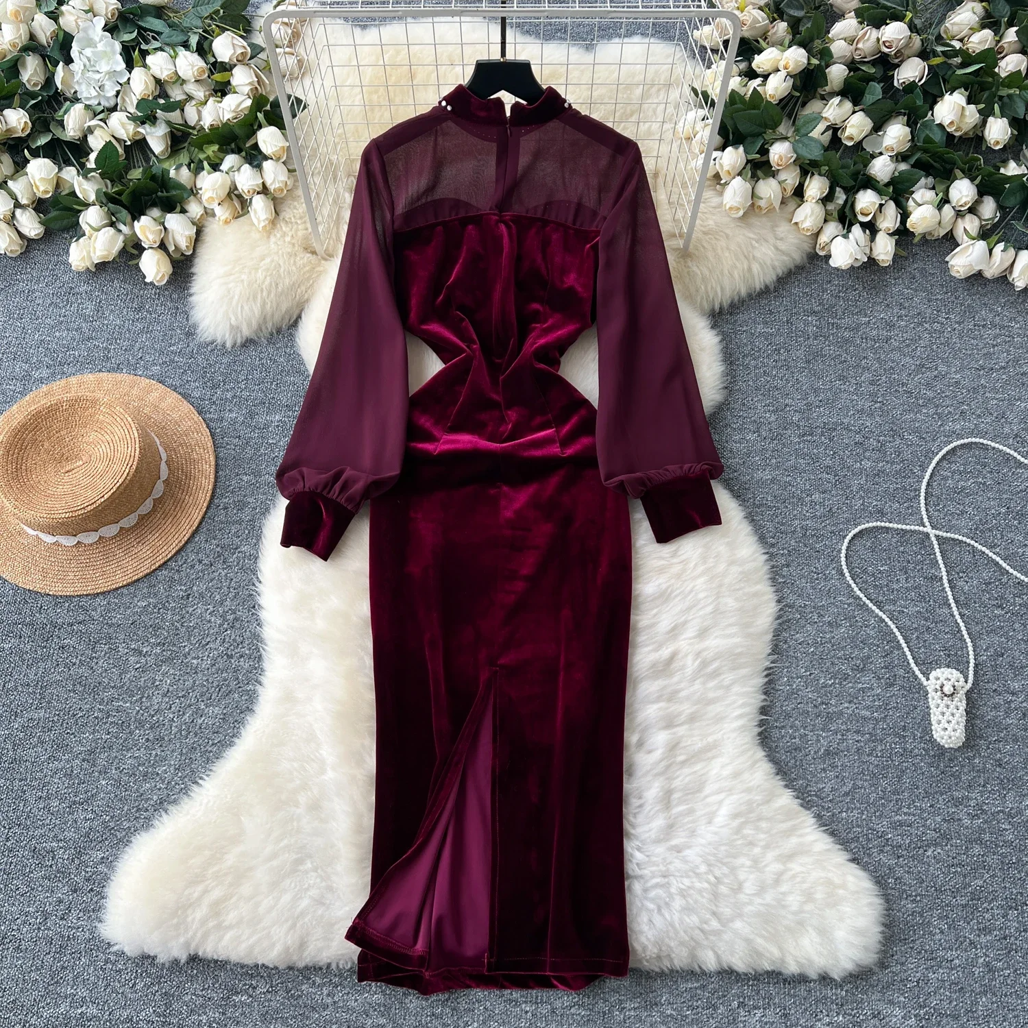 Elegant Stand Collar Vintage Rhinestone Chic Split Slim Mesh Spliced Velvet Dresses French Evening High Street Autumn Clothing