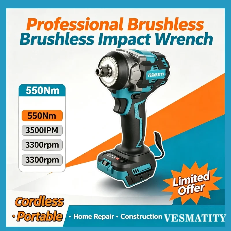 VESMATITY Brushless Impact Wrench Cordless High Torque Electric Tool for Heavy Equipment Repair for Makita 18V 20V Battery Pro