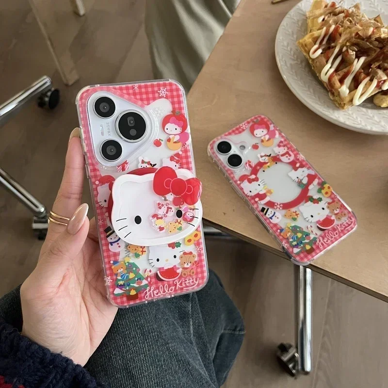 Cute Sanrio Christmas Hello Kitty Magnetic Holder Magsafe Wireless Charge Phone Case For iPhone 16 15 14 13 Pro Max Hard Cover