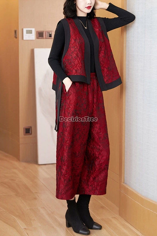 

2025 китайский традиционный ретро-стиль, широкие брюки, верхний комплект для женщин, новый жаккардовый свободный элегантный стильный жилет, комплект костюма Тан