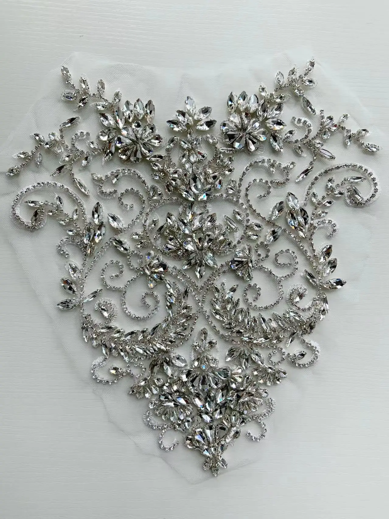 1 Piece Deluxy Silver Diamond Rhinestone Flower Patch Vintage Floral Bead Applique for Ball Gown,Bodice,Corset,Wedding Dress