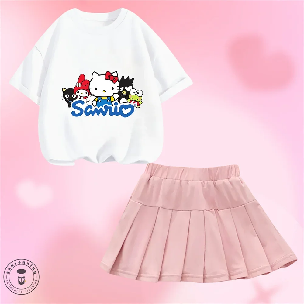 

Летний хлопковый костюм-двойка с героями мультфильмов «Hello Kitty» для девочек, детская футболка с круглым вырезом и короткими рукавами + плиссированная юбка, милый милый костюм