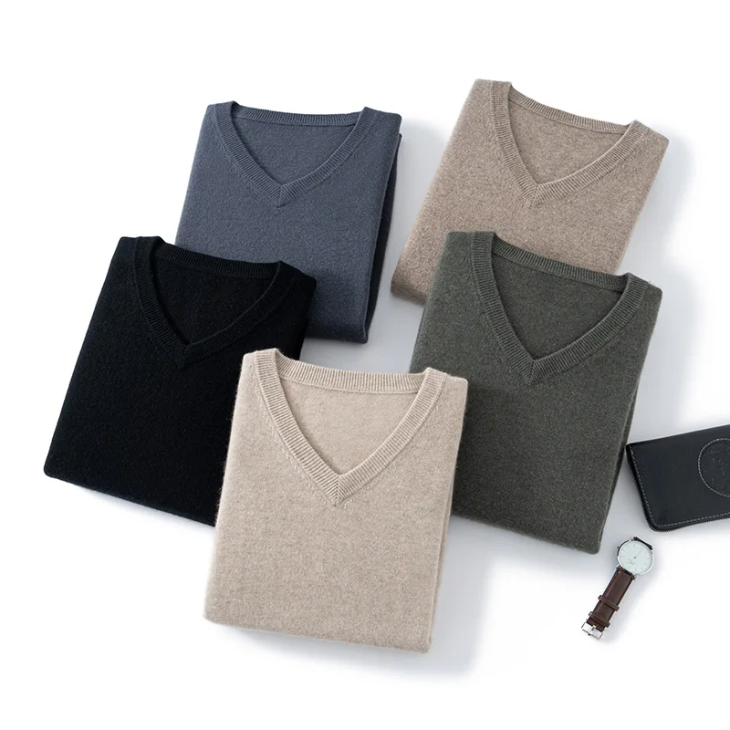 

100% Pure Cashmere Sweater Men's V-neck Solid Color New Knit Pullover Spring/Autumn Long Sleeve Business Casual Jumper Menswear