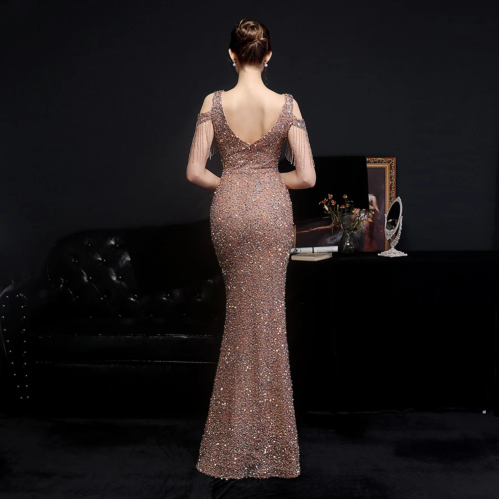 DEERVEADO Mermaid Off Shoulder Sequins Evening Dress for Woman Elegant Wedding Party Dresses Beading Special Occasion Dresses