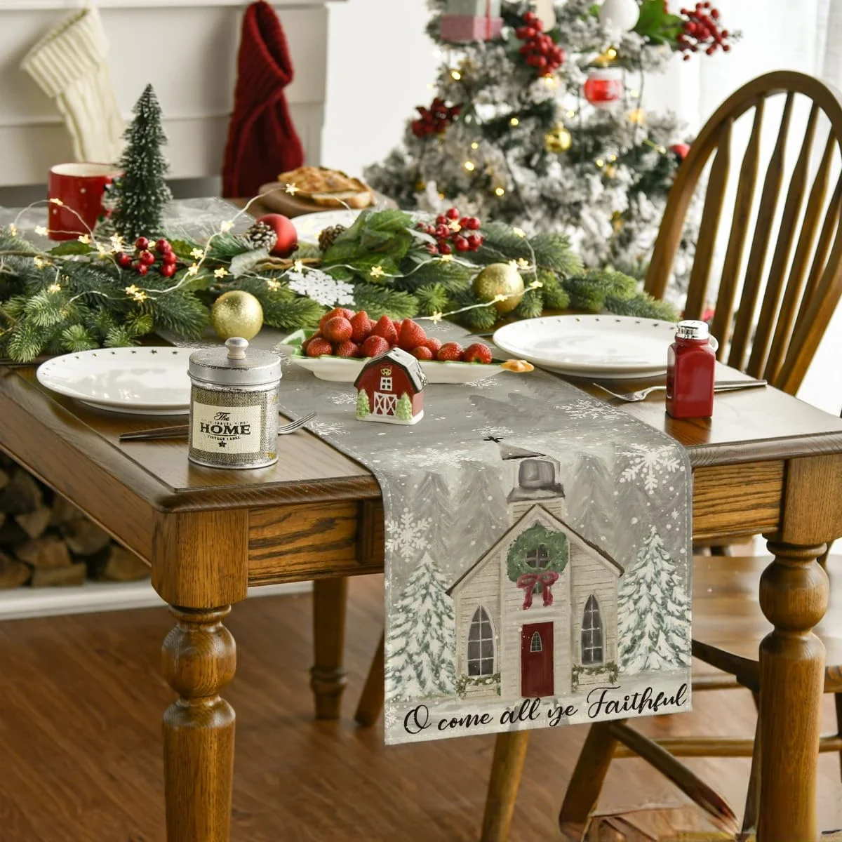 1Pc Christmas Church Snowflake Table Runner White Winter Scene O Come All Ye Faithful Table Cover Home Dining Party Decoration T