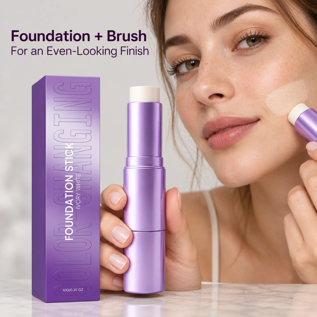 Color Changing Foundation Stick with Built In Brush, 2 in 1 Face Makeup for an Even Looking, Naturally Radiant Base Finish, 10g