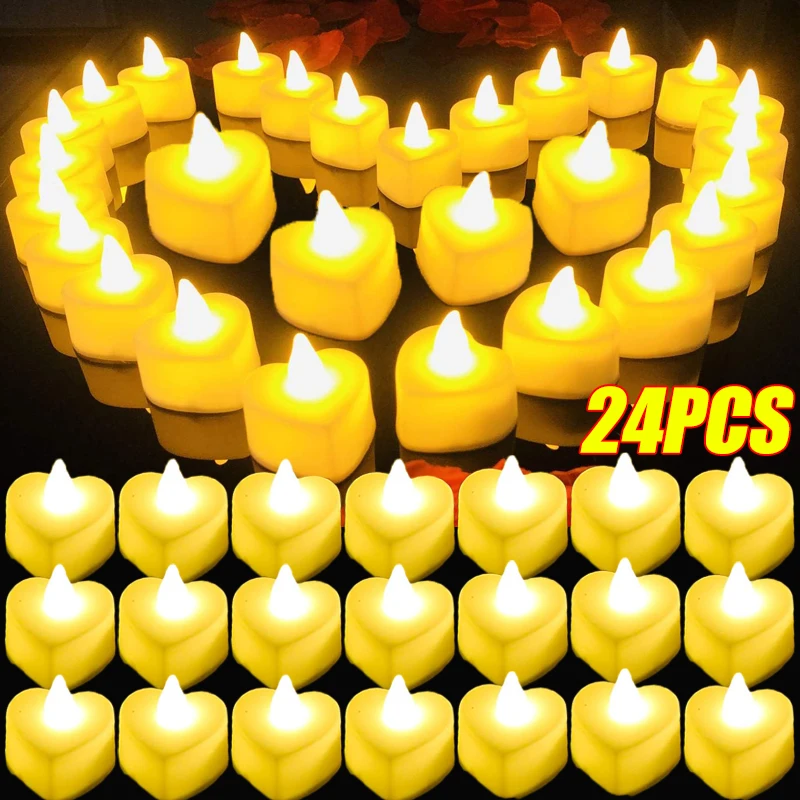 24pcs Heart Shape LED Flameless Tea Light Candles Decorations For Romantic Night Valentine's Day Wedding Anniversary Table Decor