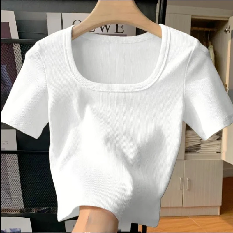 الصيف تي شيرت المرأة بسيطة المسمار Thred ساحة طوق قصيرة الأكمام الصيف سليم القمم الصلبة بسيطة كل مباراة الأساسية مريحة المحاصيل تيز