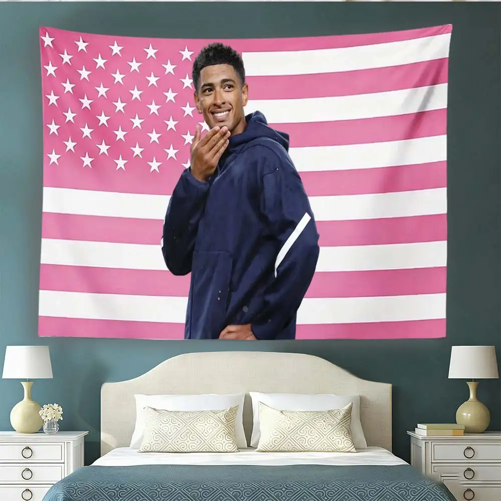 Jude Bellingham Pink American Flag Tapestry Football Star Portrait Wall Hanging Fan Bedroom Decor Gift
