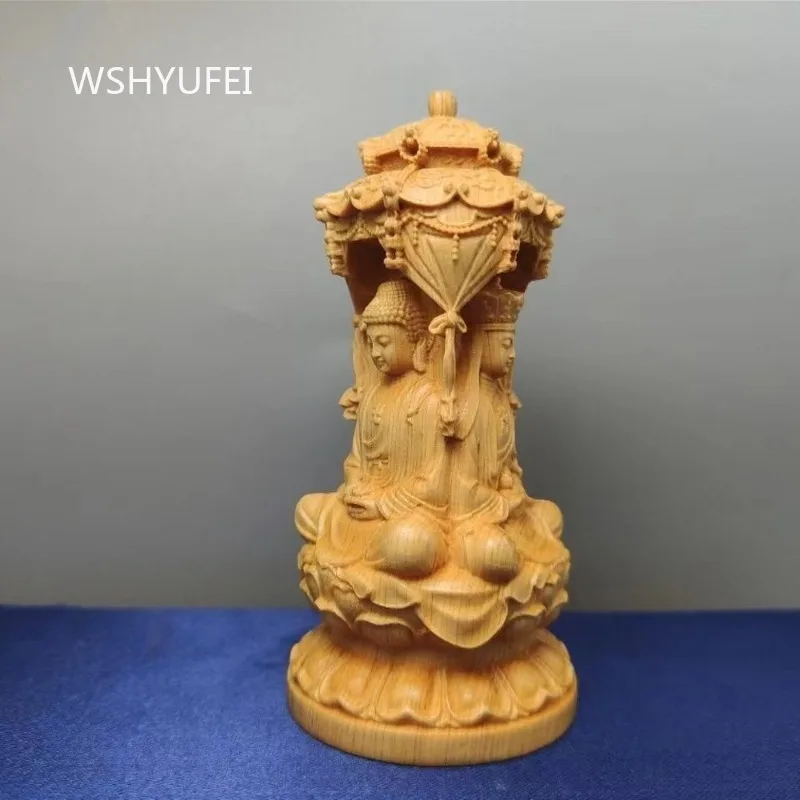Wood Carving 3 Saints Statue Amitabha Guanyin Mahasthamaprapta Buddha Sculpture Solid Wood Buddhist Figurine Home Car Decor