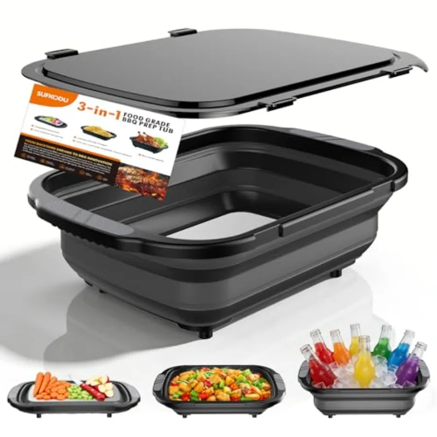 

Collapsible BBQ Prep Tubs with Titanium Cutting Board Large-Capacity 5.3Gal/20L Foldable Cutting Board with Locking Lid Strong