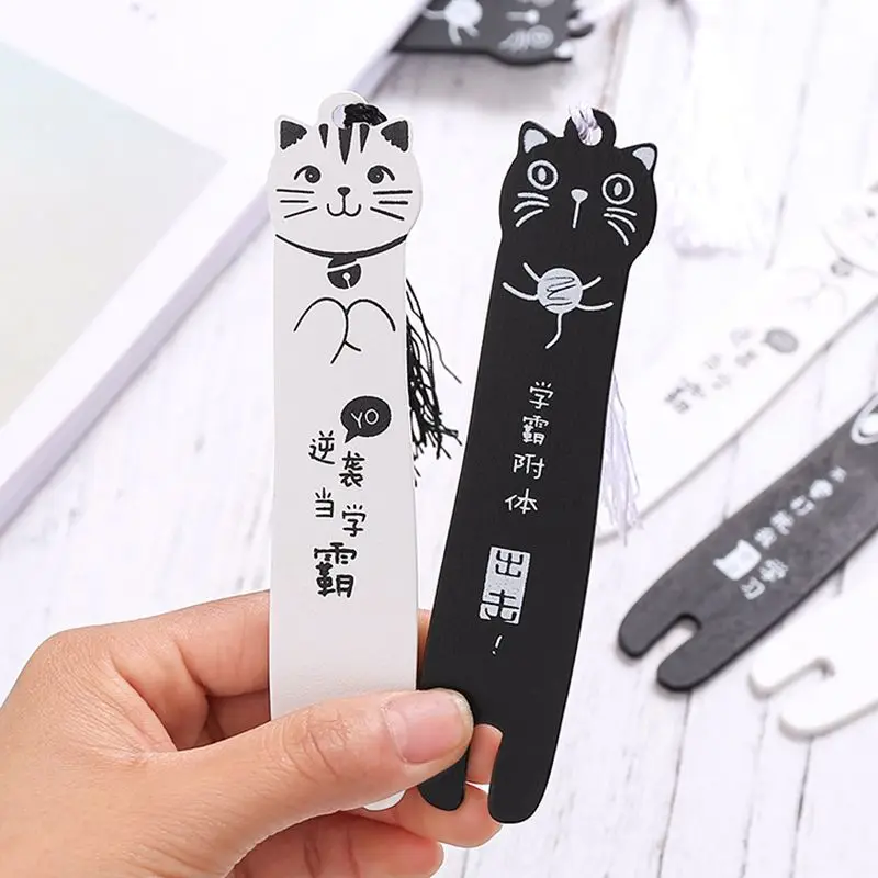 Cartoon Cat Shape Bookmark Students Stationery Cute Wood Bookmarks  Black and White Tassel Pendant Book Mark Kids Prizes