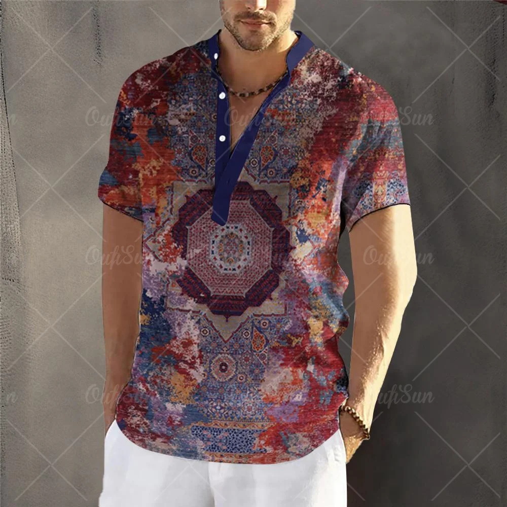 Luxury Men\'s T-Shirts Hawaiian Shirt Short Sleeve Top 3D Print Clothing Oversized Cardigan Apparel Retro Streetwear Men\'s Henley