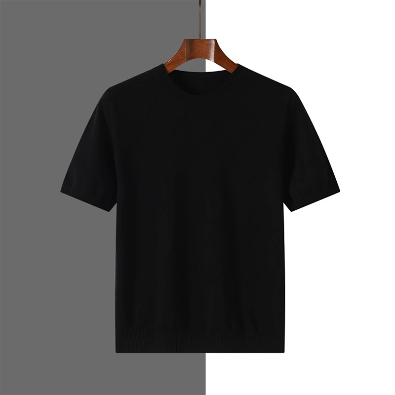 100% Pure Cotton Diamond Grid Knitted Tshirt Men's Round Neck Highend Half Sleeve Solid Color Summer Versatile Short Sleeved Top