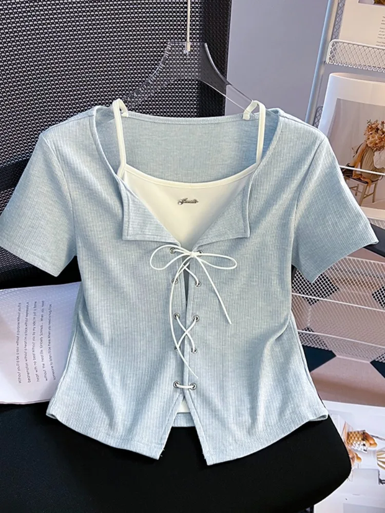 

Korean Sle ort Sve T-irt Women's Fake Two-Piece Design Summer Slim Fit Pure Desire Belted Top Trendy Commute Wear