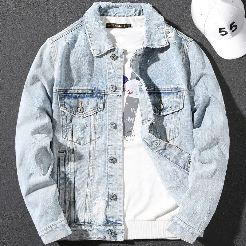 Handsome Light-colored Denim Jacket Men's 2025 New Versatile Loose Trend Scratched Ripped Long-sleeved Lapel Washed Jacket