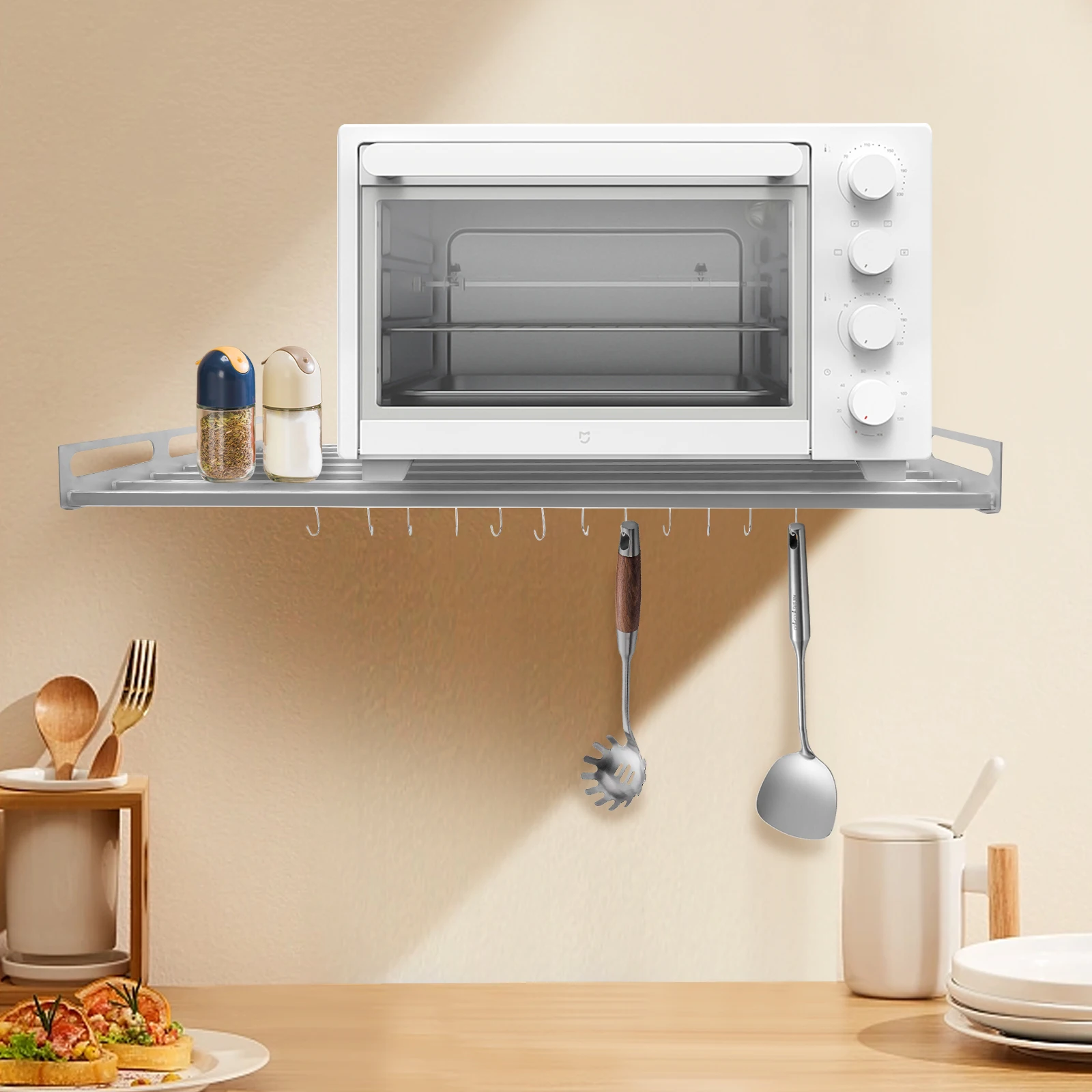 

Oven Wall Bracket w/12 Hooks,Microwave Oven Shelf Drilling Install 110lb Load 60*40*14cm,Wall Mount Shelf Cooker Holder