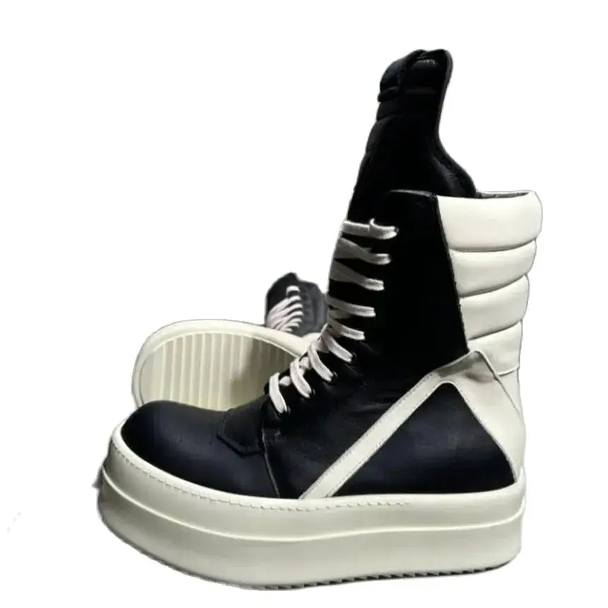 Mid-High Cowhide Handmade Thick Sole Increasing Platform Punk Hip Hop Street Boots