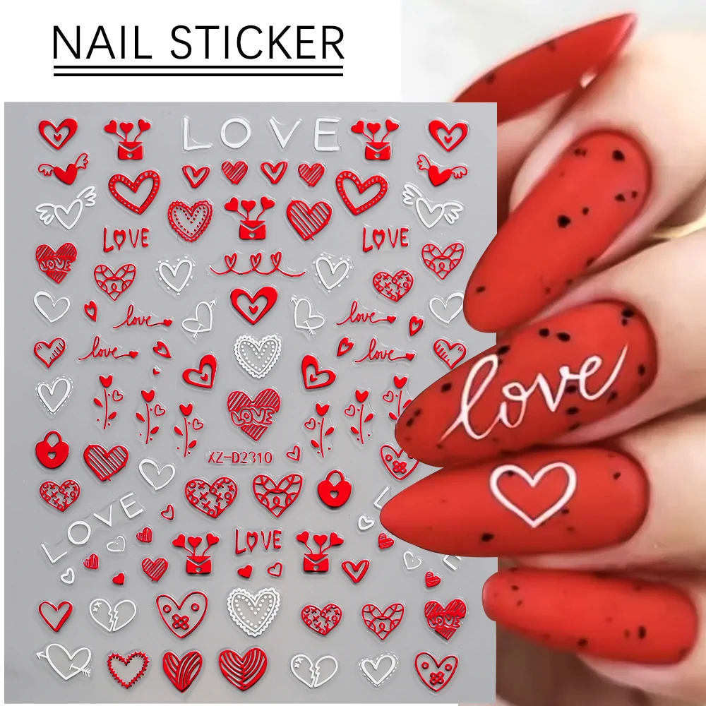 1Sheet 3D Red Heart Laser Nail Sticker Letter Flower Self-Adhesive Slider Valentine's Day Series Nail Decals Manicure Decoration