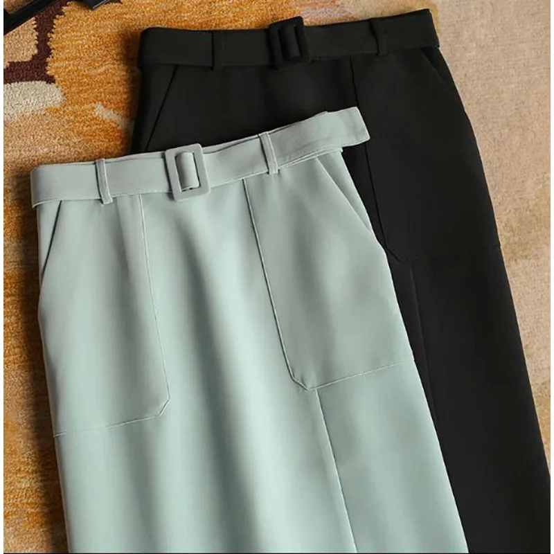

Spring and Autumn and Winter Elegant Slim France Style High Waist Hip Skirt Slit Skirt with Belt Skirt Office Lady Hip Skirt