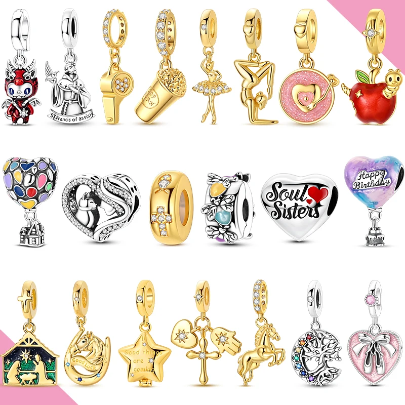 

925 Sterling Silver Charms Beads Gold Color Whistle Popcorn Hot Air Balloon Woman Pendant Fit Original Bracelet Diy Fine Jewelry